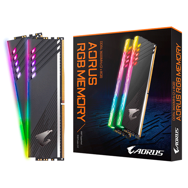 Foto del kit de memoria RAM Aorus RGB de 16GB (2x8GB) a 3600MHz con iluminación RGB encendida, mostrando el disipador de aluminio y el logo de Aorus.